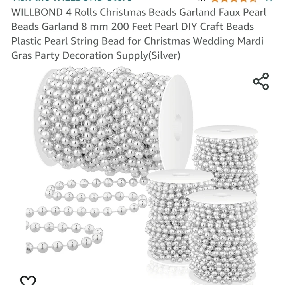 New with tags! Pack of 4 rolls of silver faux pearl bead garland decorations